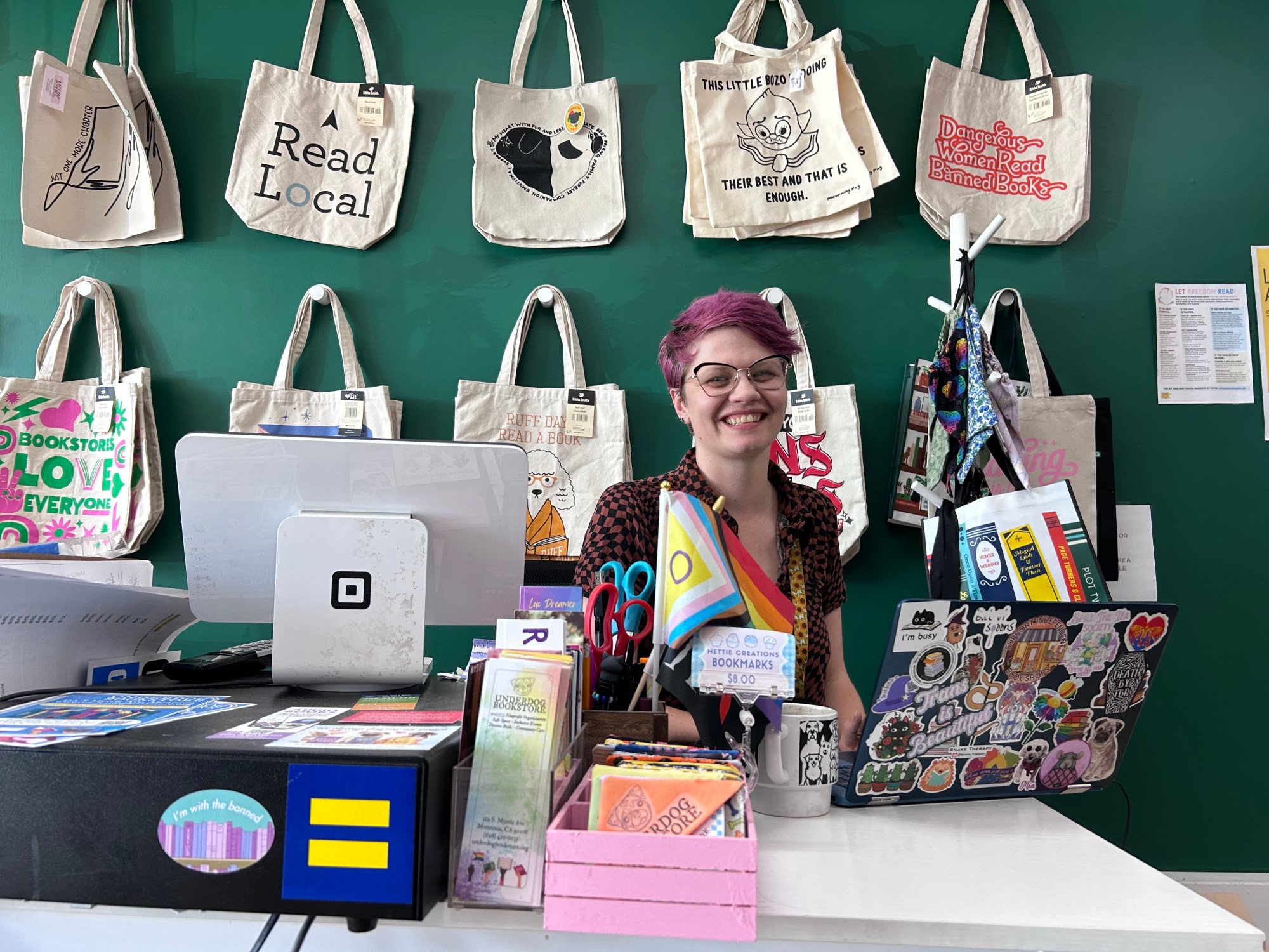 Kealie Mardell-Carrera, executive director and board president of Underdog Bookstore, discusses plans for the first-ever Monrovia Pride Book Festival in Downtown Monrovia, which is set for Saturday, June 20. (Photo by Erik Pedersen/SCNG)
