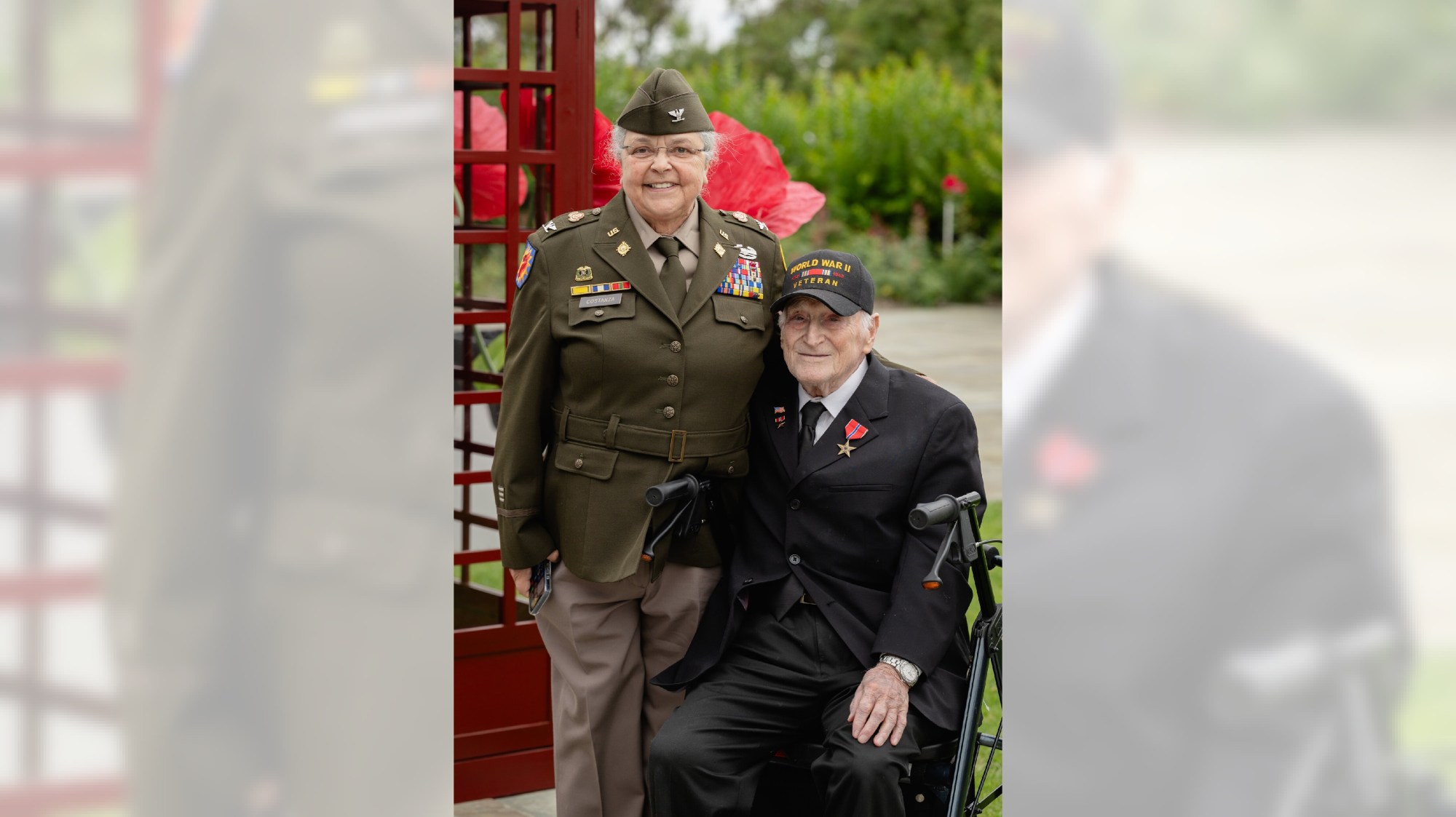 Col. Lisa Costanza, U.S. Army (Ret.) California National Guard, and Joe “Peppy” Sciarra, 101, World War II veteran, at the 104th annual Memorial Day observance on May 25 in Whittier. (Photo courtesy of Hector Islas)
