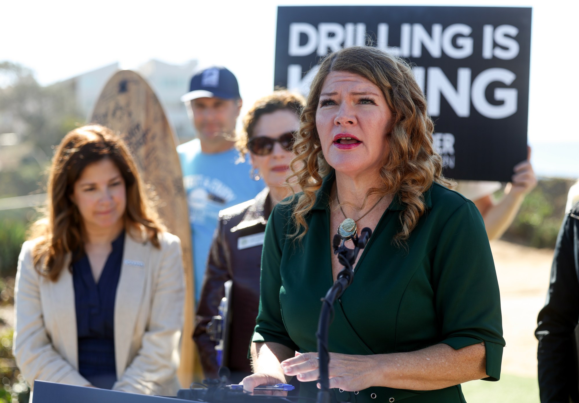 SOLANA BEACH, CA – NOVEMBER 25, 2025: State Assembly member Tasha Boerner speaks during a press conference put on by Congressman Mike Levin criticizing the Trump Administration’s decision to allow more oil drilling off the Southern California coast at the Fletcher Cove Community Center in Solana Beach on Tuesday, November 25, 2025. (Hayne Palmour IV / For The San Diego Union-Tribune)
